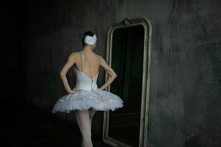 Ballerina in a swan costume stands and looks in the mirror